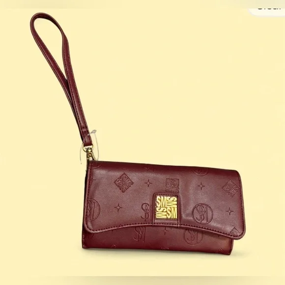 Steve Madden Embossed Logo Wristlet/Clutch w/ Chain • Burgundy - Picture 3 of 13